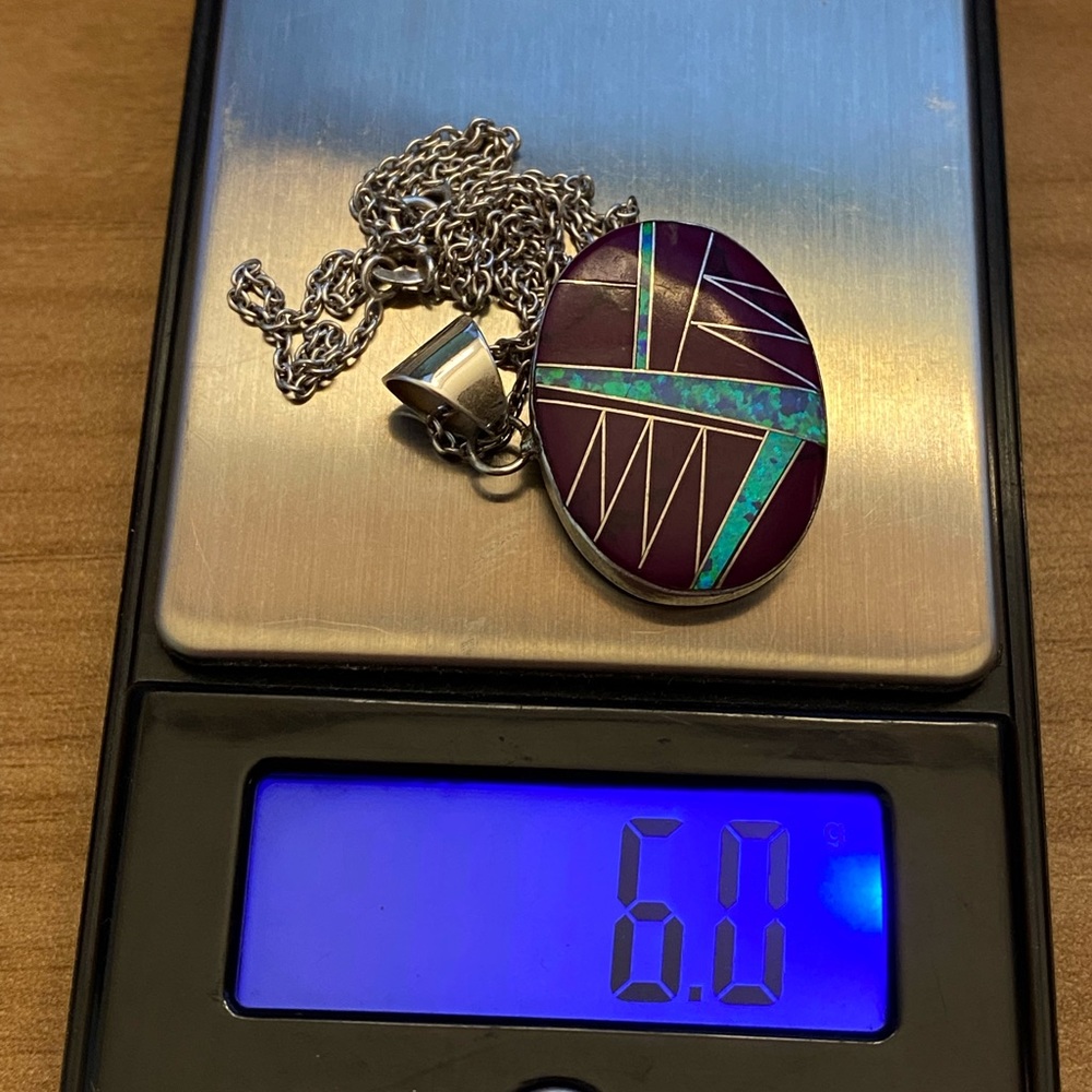 Amazing Native American sugilite and opaline inlay sterling silver pendant - Picture 5 of 9